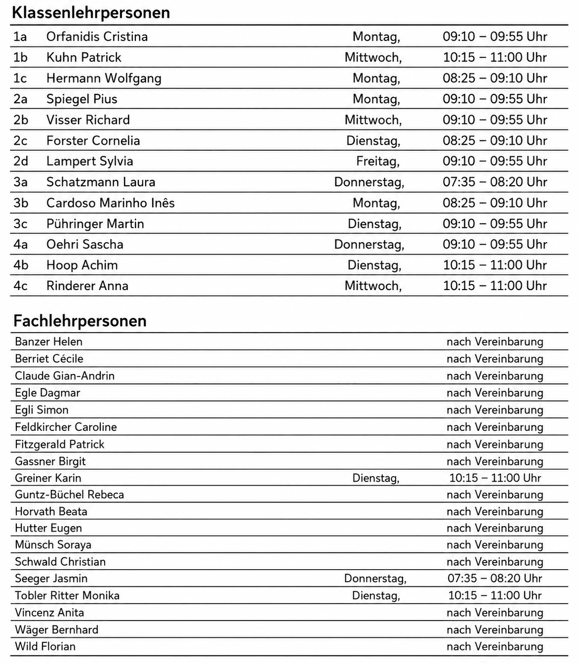 Sprechstunden der Lehrpersonen Schuljahr 2026/2027